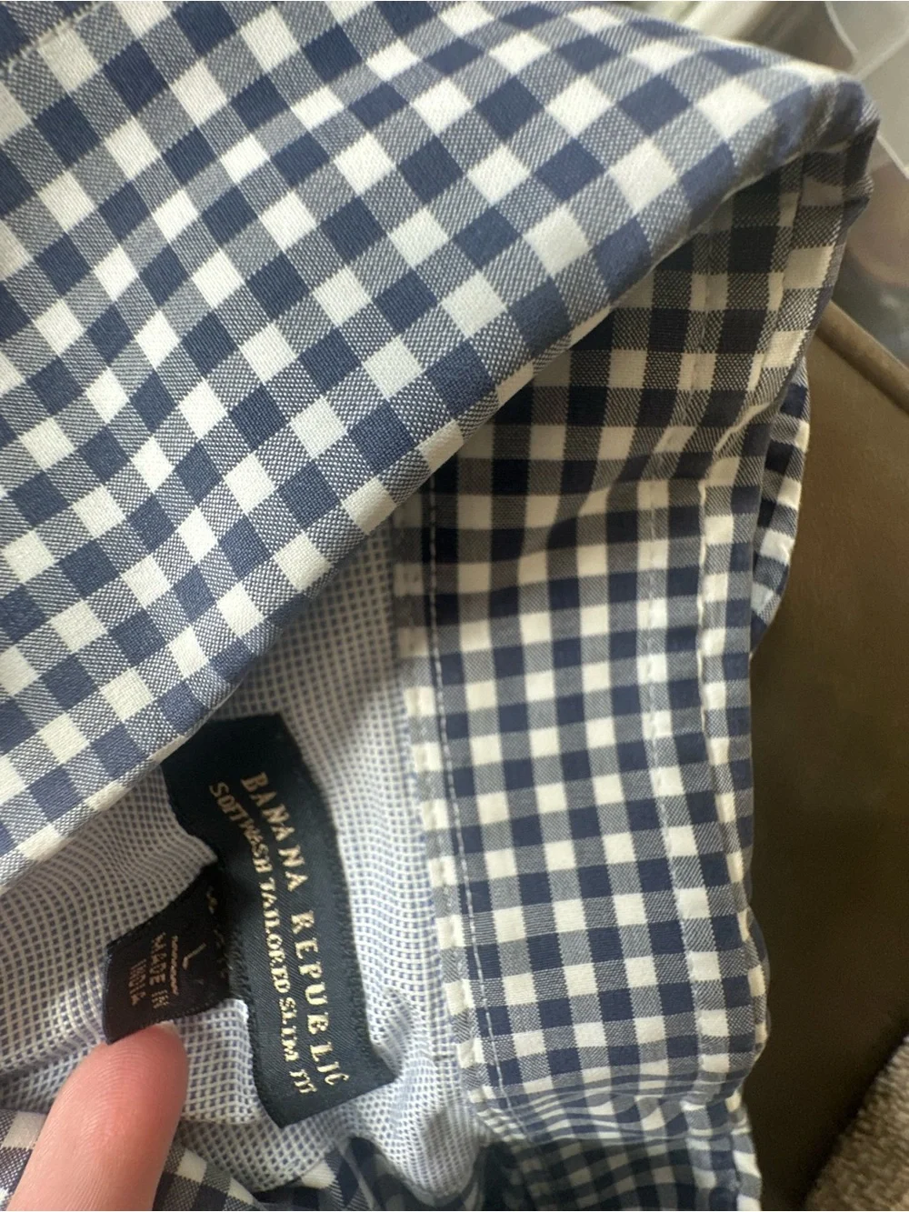 Banana Republic Men's Navy and White Gingham Dress Shirt